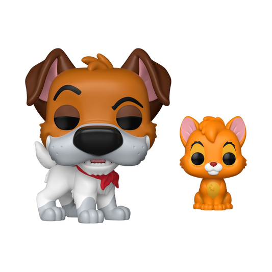 Pop! & Buddy Dodger with Oliver figurines, one dog and one cat, on a white background