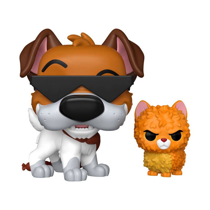 Two Funko Pop! figures of a dog and a cat with sunglasses on a white background