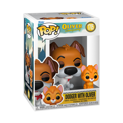 Funko Pop! Pop! & Buddy Dodger with Oliver packaging featuring a dog and cat figure with 'Oliver Company' branding.