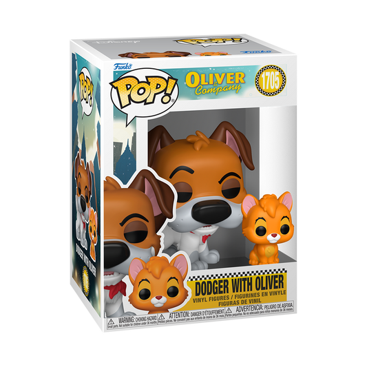 Funko Pop! Pop! & Buddy Dodger with Oliver packaging featuring a dog and cat figure with 'Oliver Company' branding.