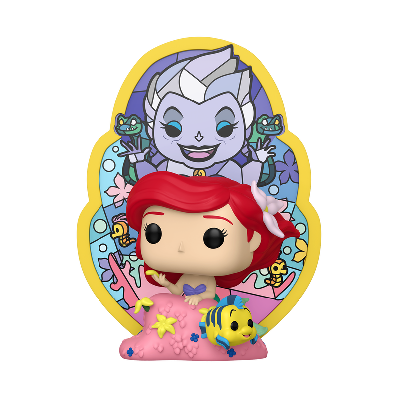 Funko Pop! vinyl figure of a character with red hair and a purple dress, surrounded by colorful elements on a white background.