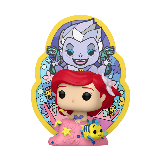 Funko Pop! vinyl figure of a character with red hair and a purple dress, surrounded by colorful elements on a white background.
