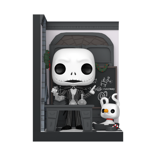 Funko Pop! Jack Skellington and Zero in a decorative box with festive elements.