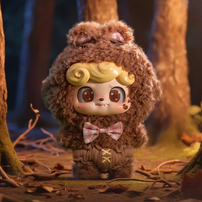 Q kid Rabbit dog with brown fur and yellow hair in a forest setting