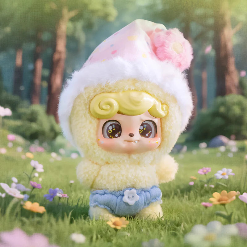 Cute flower elf with a flower hat in a garden setting