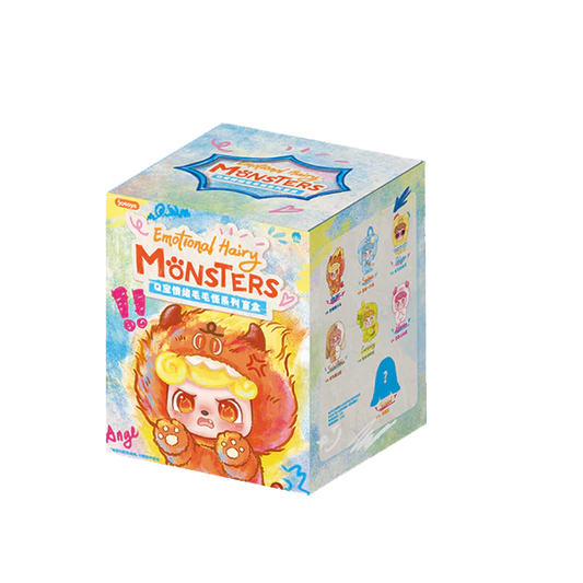 Box of Q Kid Emotional Hairy Monsters toy plush on a white background