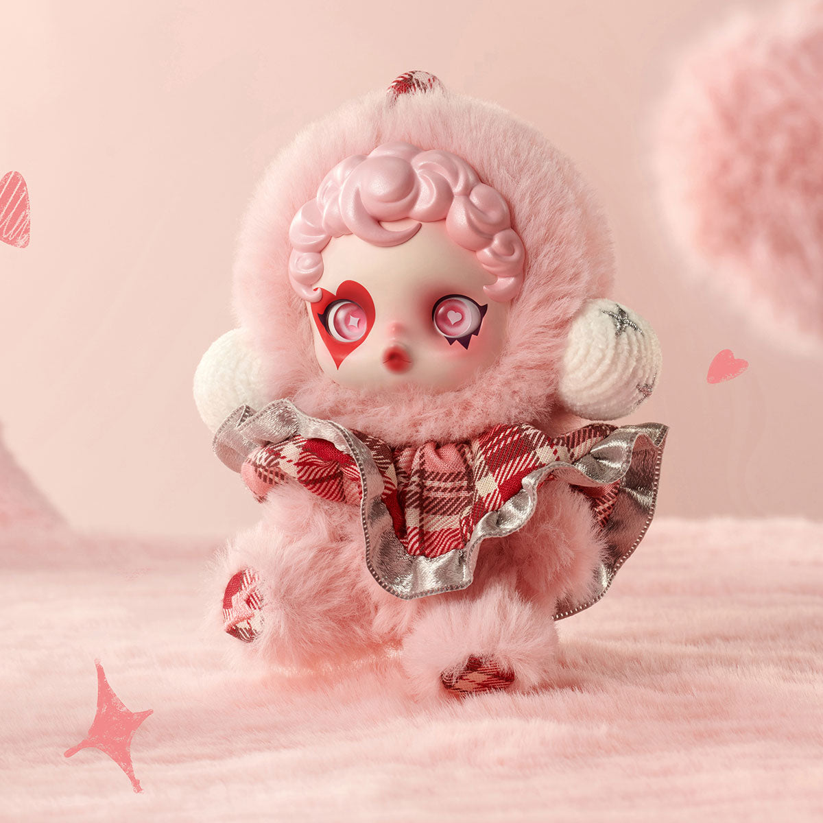 Cute skullpanda winter symphony figurine with pink hair and outfit, named Rhapsody 