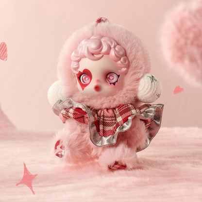 Cute skullpanda winter symphony figurine with pink hair and outfit, named Rhapsody 