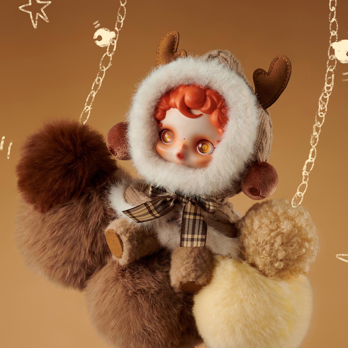 Skullpanda wanderer's Tune with a fluffy hood and plaid bow on a brown background