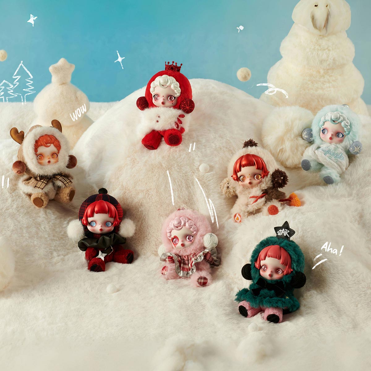 Popmart Skullpanda winter symphony Small dolls in winter clothing on a snowy background with snowflakes.
