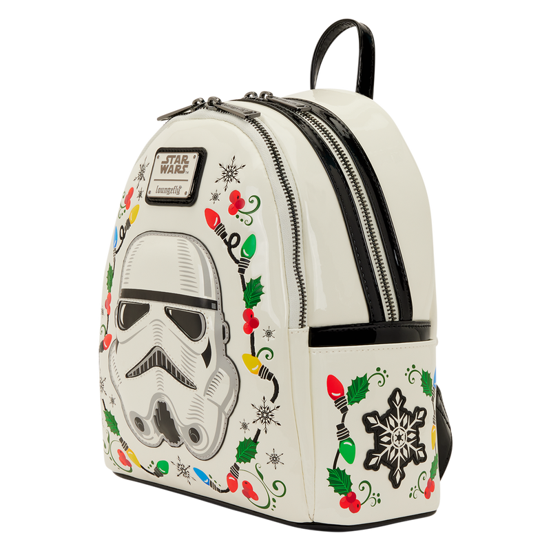 Christmas themed Loungefly backpack with Stormtrooper design and holiday decorations on a white background