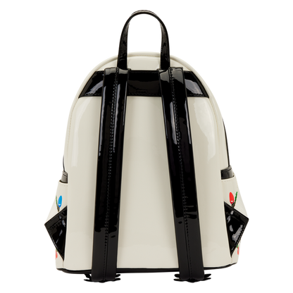 Black and white Loungefly backpack with black accents on a white background