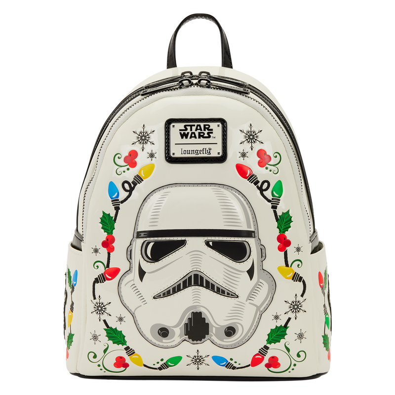 Loungefly backpack with Stormtrooper design and Christmas-themed decorations on a white background