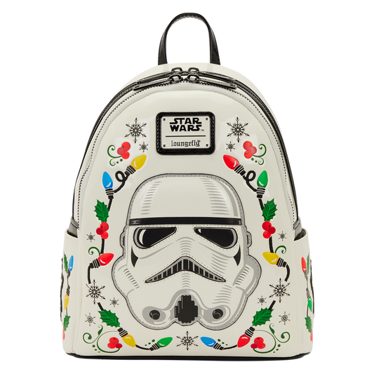 Loungefly backpack with Stormtrooper design and Christmas-themed decorations on a white background