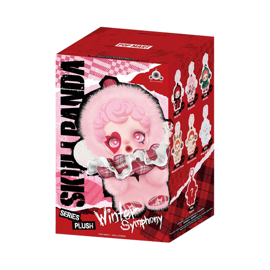 Box of Popmart Skullpanda winter symphony plush toy with pink fur design on a white background