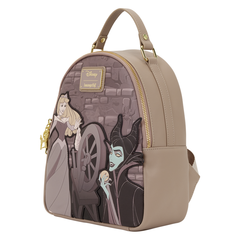 Sleeping Beauty & Maleficent Spinning Wheel Loungefly Mini Backpack with animated characters on a white background