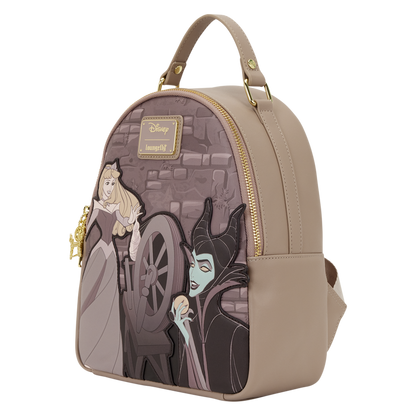 Sleeping Beauty & Maleficent Spinning Wheel Loungefly Mini Backpack with animated characters on a white background