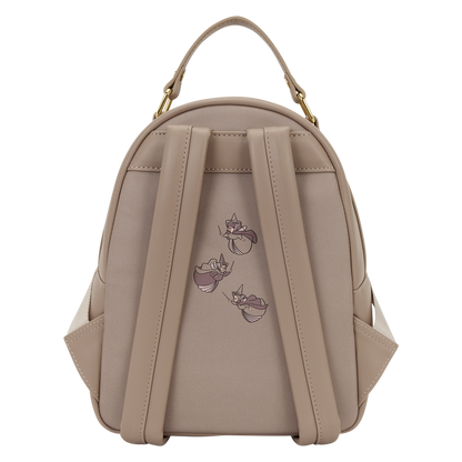 Sleeping Beauty & Maleficent Spinning Wheel Loungefly Mini Backpack backpack with the 3 fairies on the back on a white background