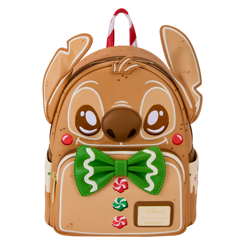 Gingerbread-themed Disney Stitch Loungefly backpack with candy cane handle on a white background