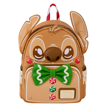 Gingerbread-themed Disney Stitch Loungefly backpack with candy cane handle on a white background