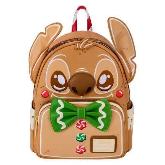 Gingerbread-themed Disney Stitch Loungefly backpack with candy cane handle on a white background