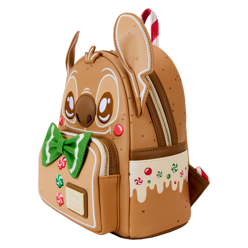 Gingerbread-themed Stitch backpack with decorative elements on a white background