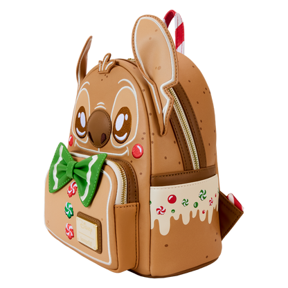 Gingerbread-themed Stitch backpack with decorative elements on a white background