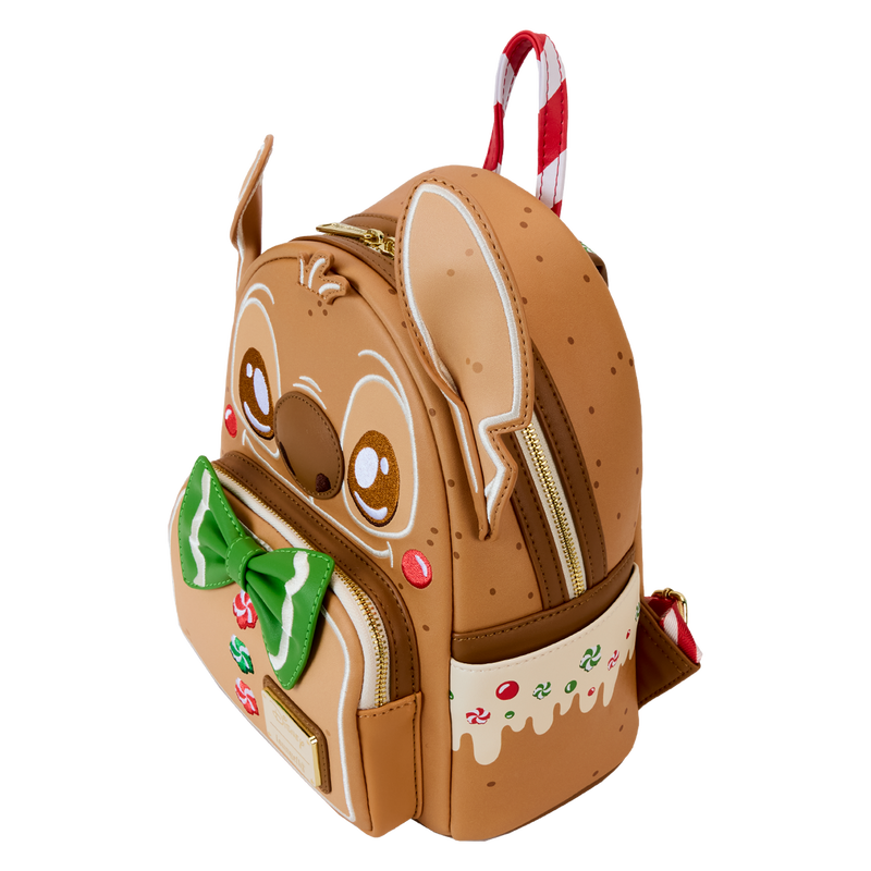Festive gingerbread-themed Disney Stitch Loungefly backpack with decorative elements on a white background
