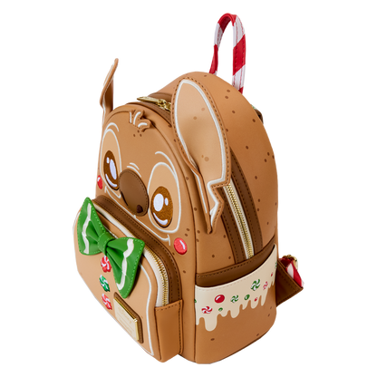 Festive gingerbread-themed Disney Stitch Loungefly backpack with decorative elements on a white background