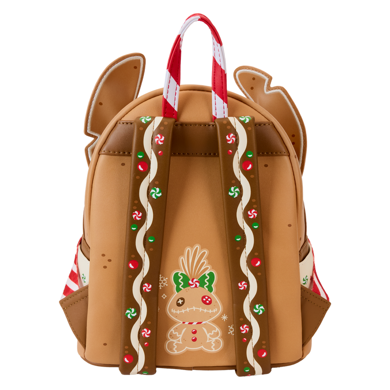 Christmas Stitch Loungefly backpack with gingerbread design and candy cane handle and a gingerbread scrumpy