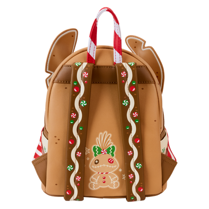 Christmas Stitch Loungefly backpack with gingerbread design and candy cane handle and a gingerbread scrumpy