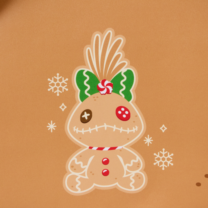 Gingerbread scrumpy with a bow and candy on a brown background