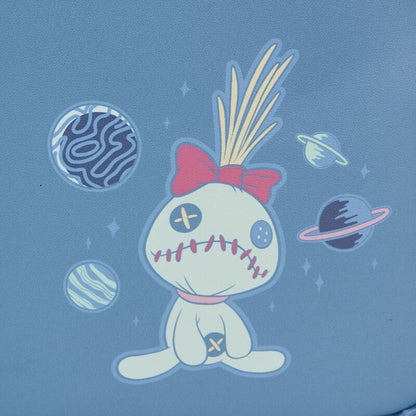 Scrumpy and planets with a bow and planets on a blue background