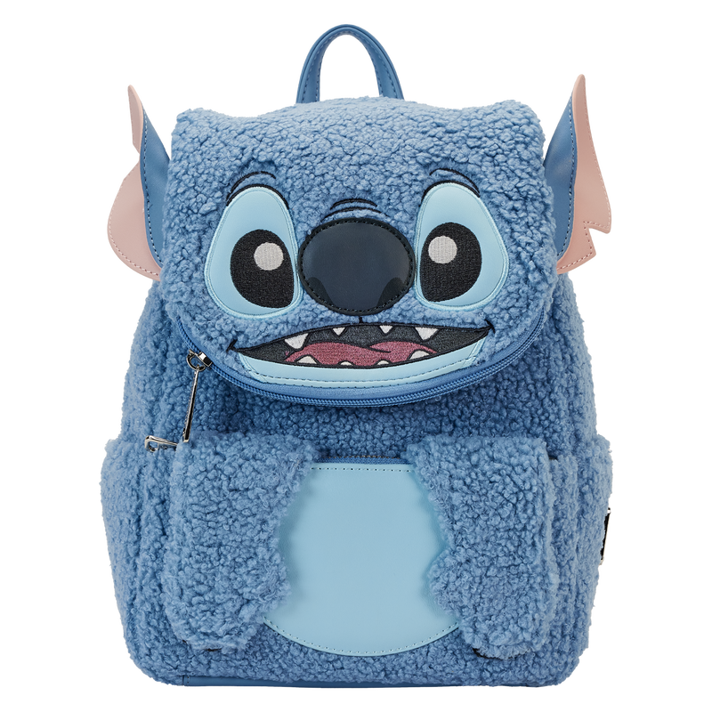 Blue sherpa plush Stitch Loungefly backpack on a white background