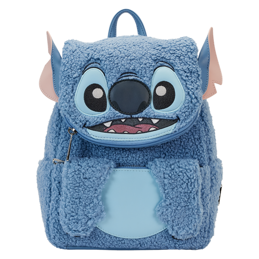 Blue sherpa plush Stitch Loungefly backpack on a white background