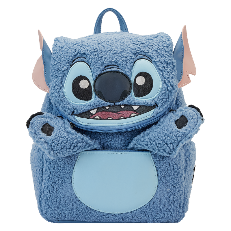 Blue plush Stitch Disney Loungefly backpack on a white background