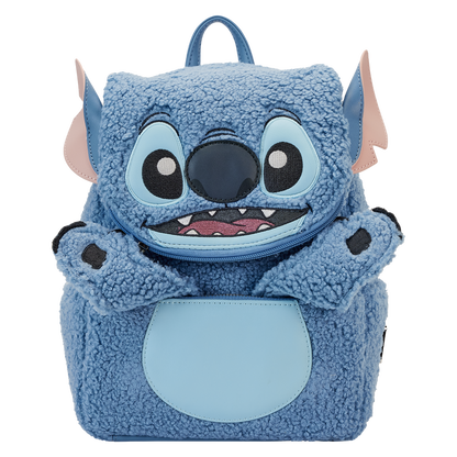 Blue plush Stitch Disney Loungefly backpack on a white background