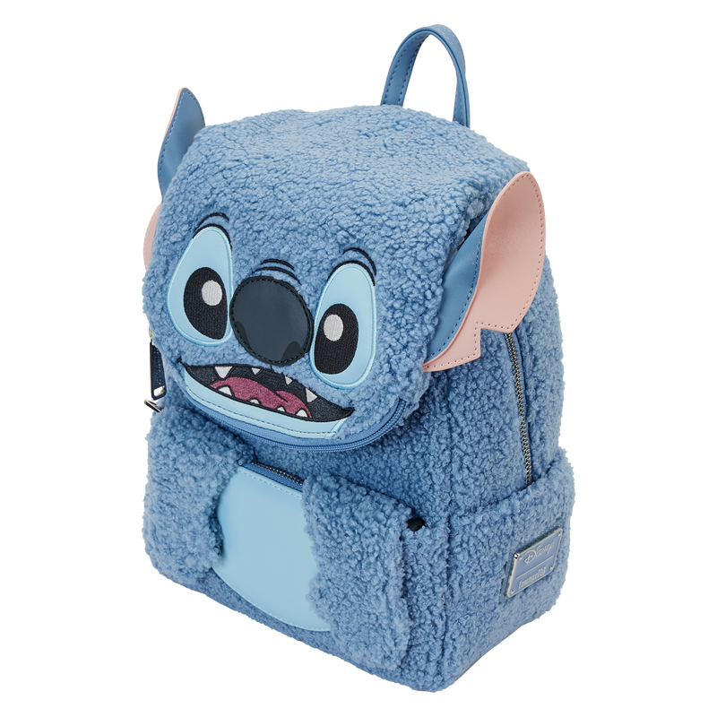 Blue plush Stitch Loungefly backpack shaped like a cartoon character on a white background