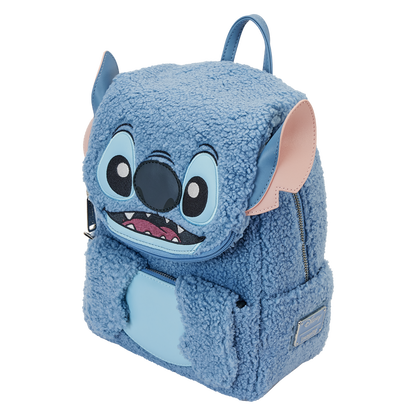 Blue plush Stitch Loungefly backpack shaped like a cartoon character on a white background