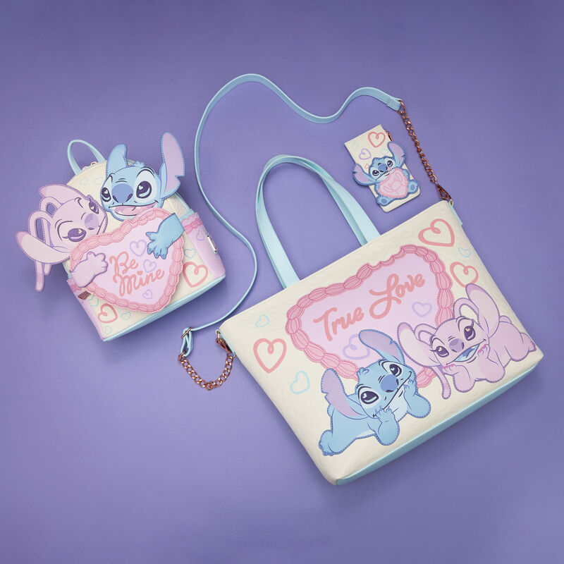 Stitch & Angel themed Loungefly bags and wallet on a purple background