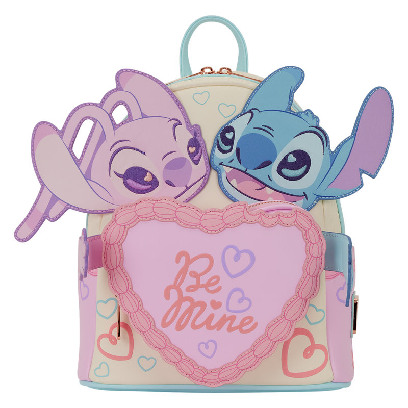 Backpack with Stitch & Angel and 'Be Mine' heart design on a white background