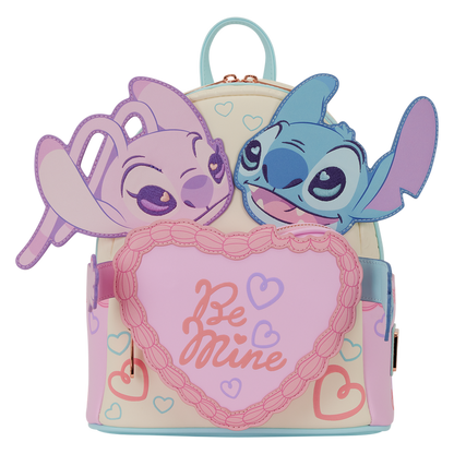 Backpack with Stitch & Angel and 'Be Mine' heart design on a white background