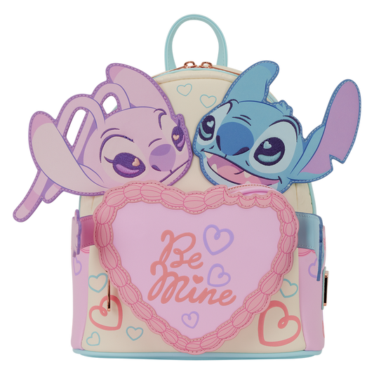 Backpack with Stitch & Angel and 'Be Mine' heart design on a white background