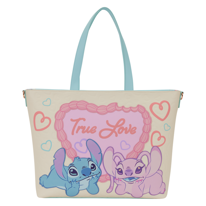 Stitch & Angel Loungefly tote bag with 'True Love' text on a white background