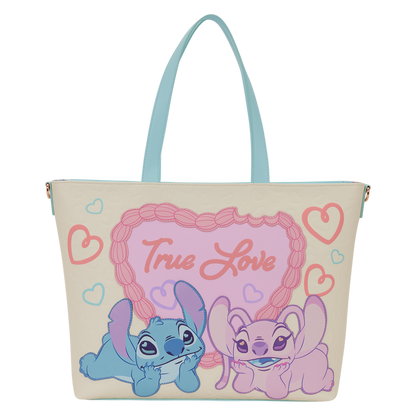 Stitch & Angel Loungefly tote bag with 'True Love' text on a white background