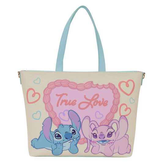 Stitch & Angel Loungefly tote bag with 'True Love' text on a white background