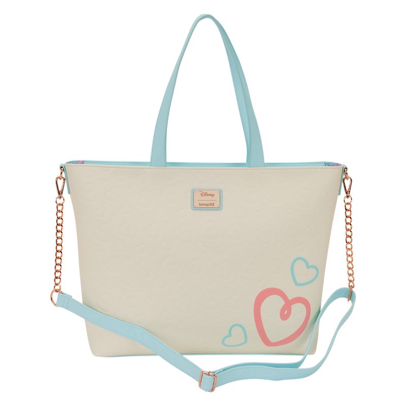 Beige tote bag with heart designs and a light blue strap on a white background