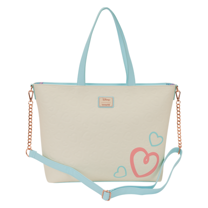 Beige tote bag with heart designs and a light blue strap on a white background