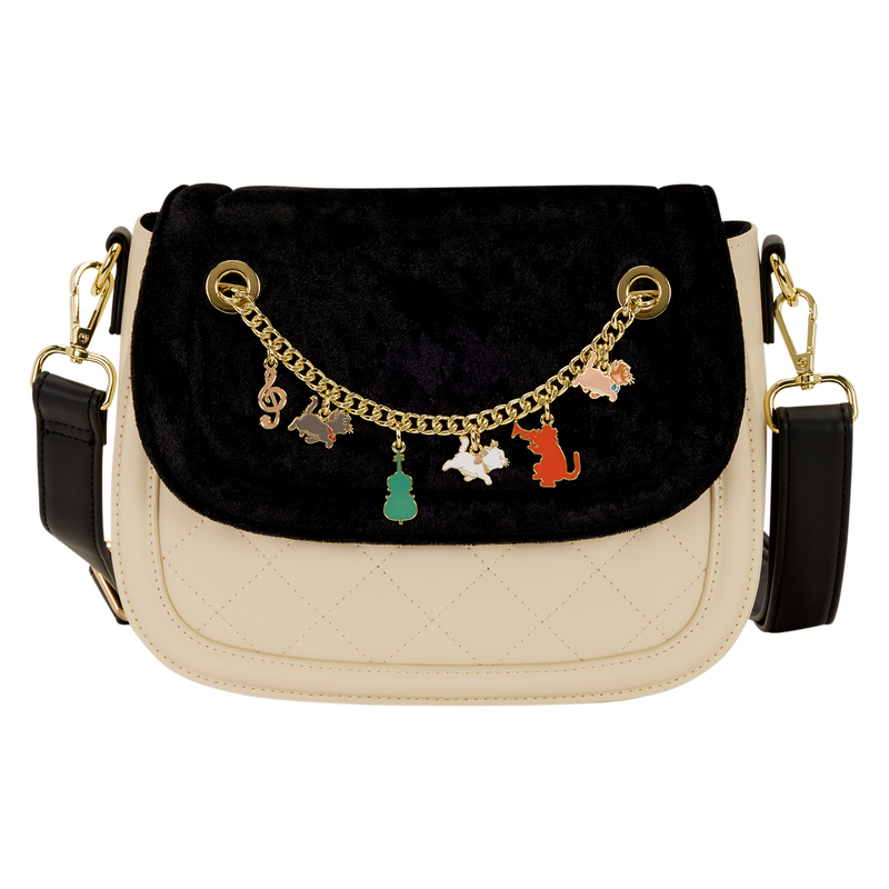 Black and beige handbag with Aristocats characters charm chain on a white background