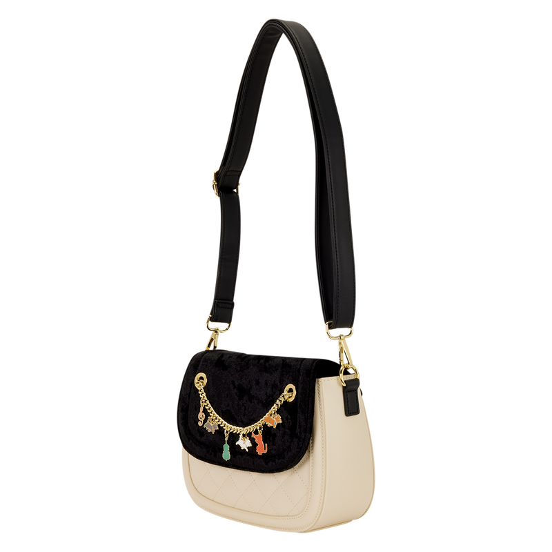 Black and beige Loungefly handbag with decorative Aristocats chain on a white background
